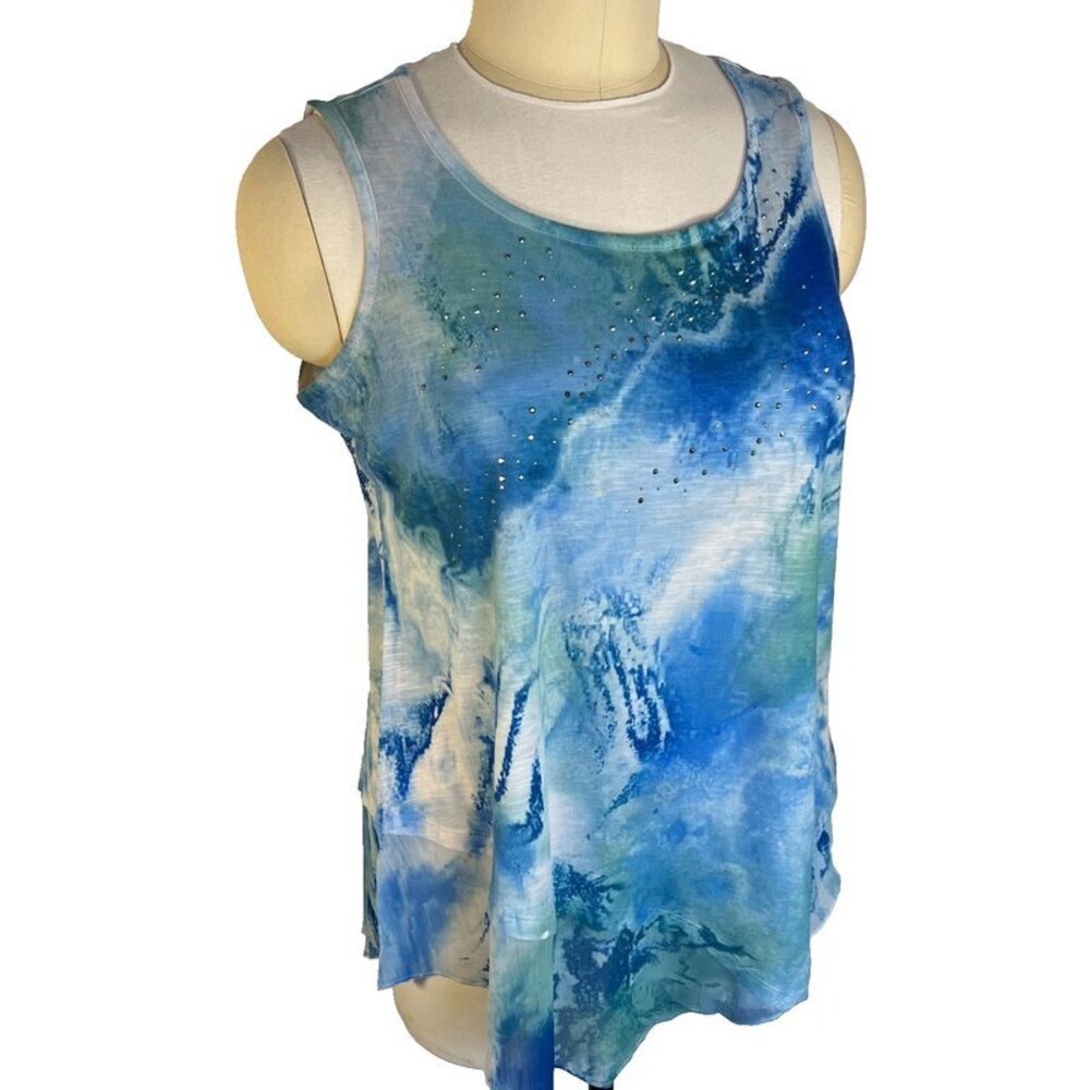 Style & Co Tank Top Women's 2X Blue Green White Sleeveless Beaded Asymmetric Hem - Picture 3 of 11